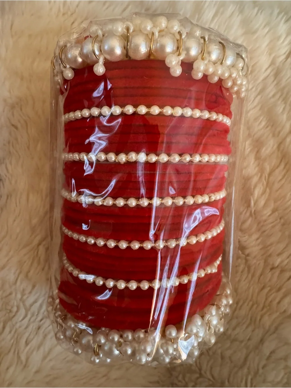 PAKISTANI DESIGNER BANGLES SET Pearl Trim RED GORGEOUS VELVET GLASS GAJRAS